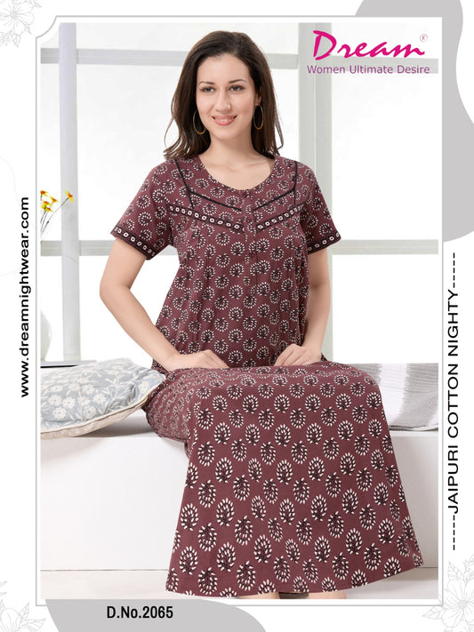Women's Jaipuri Cotton Nighty with Side Pocket
