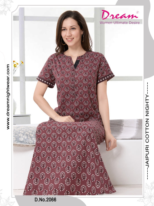 Women's Jaipuri Cotton Nighty with Side Pocket