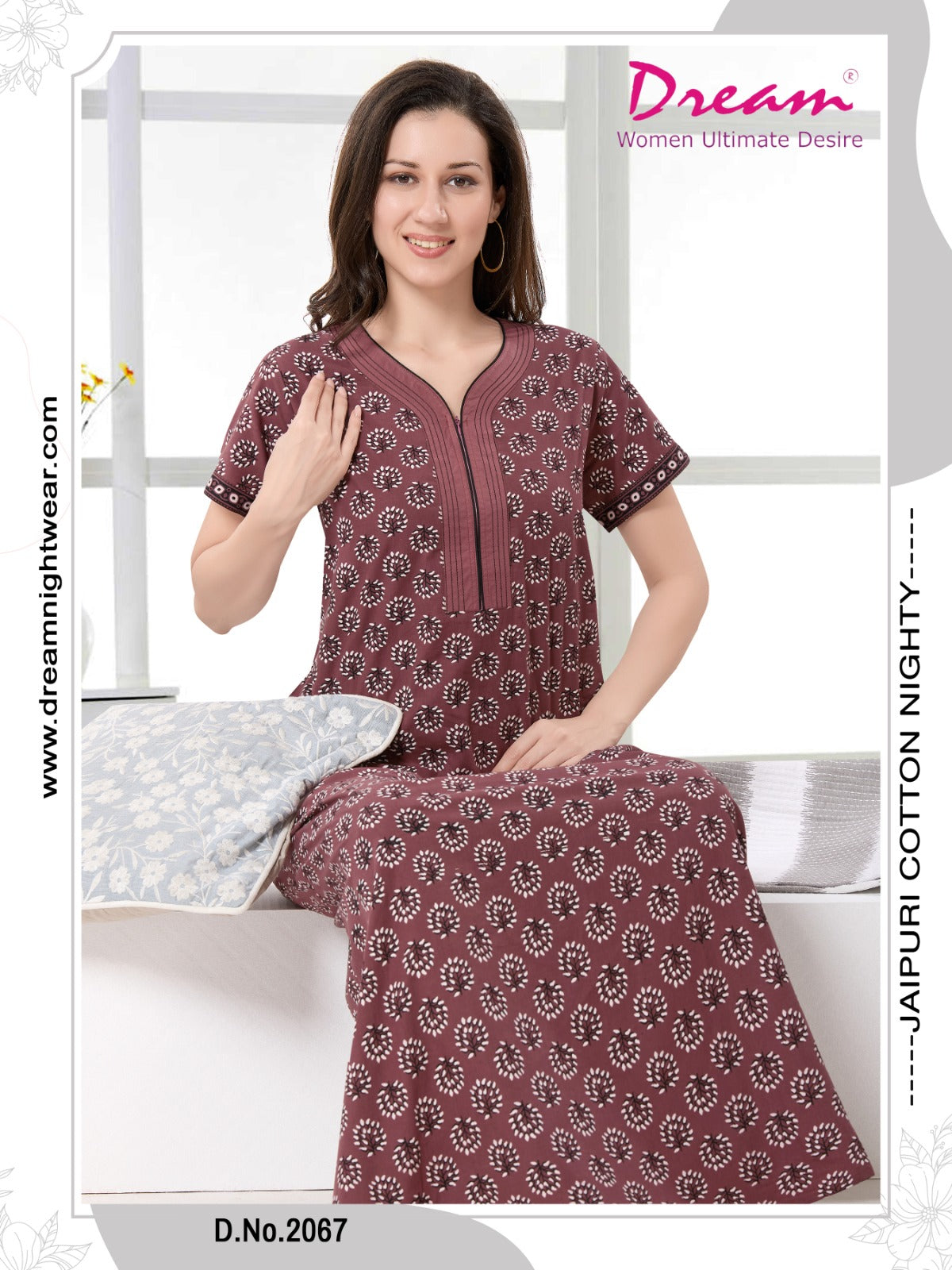 Women's Jaipuri Cotton Nighty with Side Pocket
