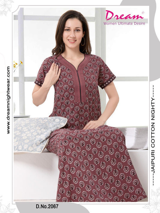 Women's Jaipuri Cotton Nighty with Side Pocket