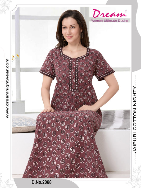 Women's Jaipuri Cotton Nighty with Side Pocket