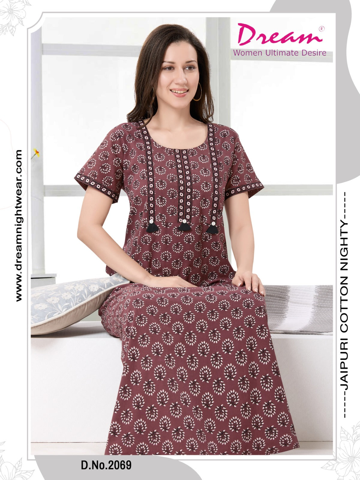 Women's Jaipuri Cotton Nighty with Side Pocket