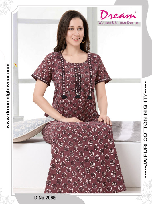 Women's Jaipuri Cotton Nighty with Side Pocket
