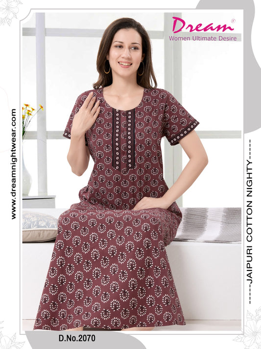 Women's Jaipuri Cotton Nighty with Side Pocket