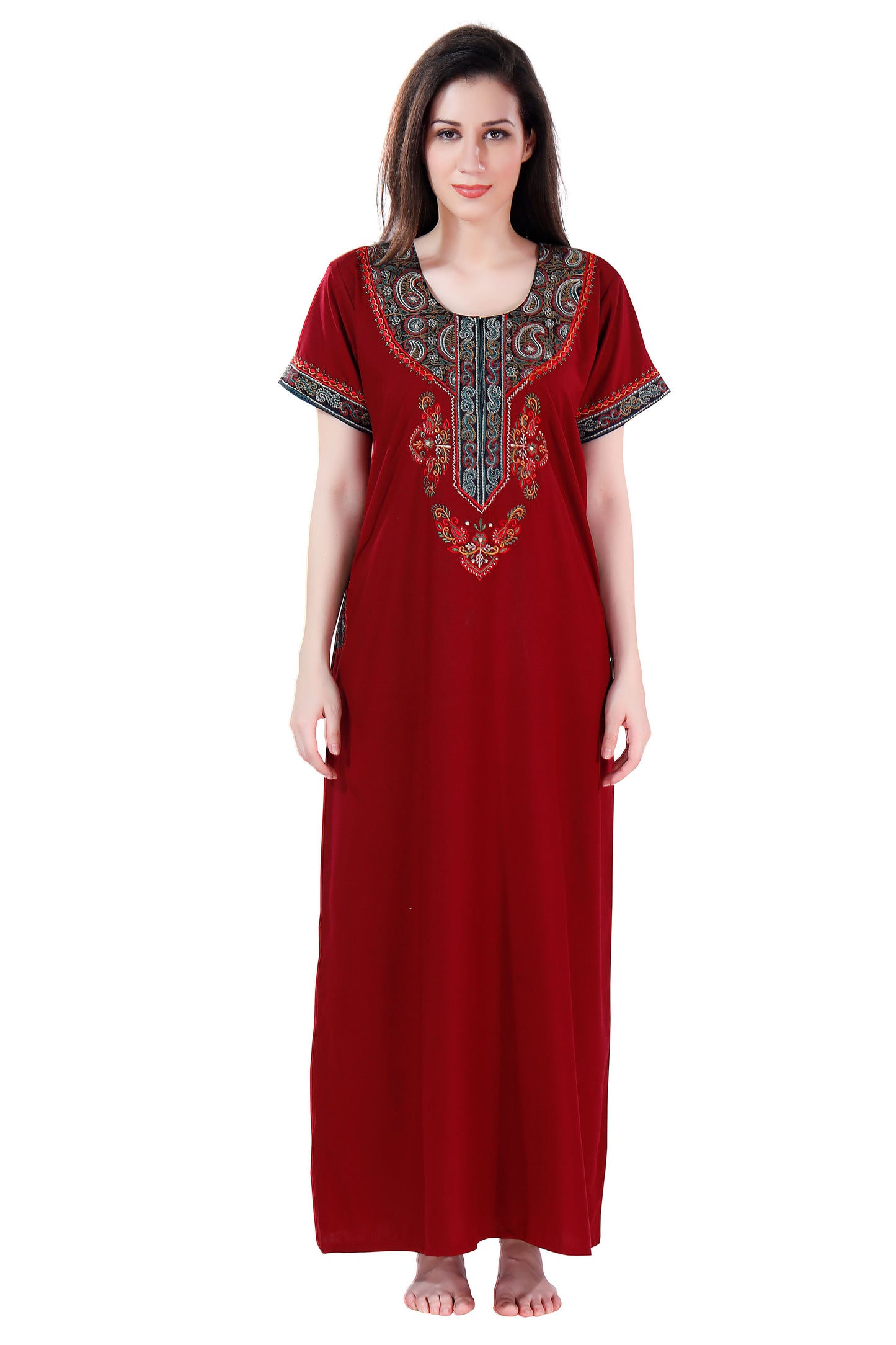 Dream Women's Premium Embroidery Nighty with Double Side Pockets