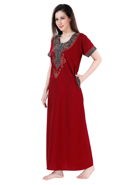 Dream Women's Premium Embroidery Nighty with Double Side Pockets