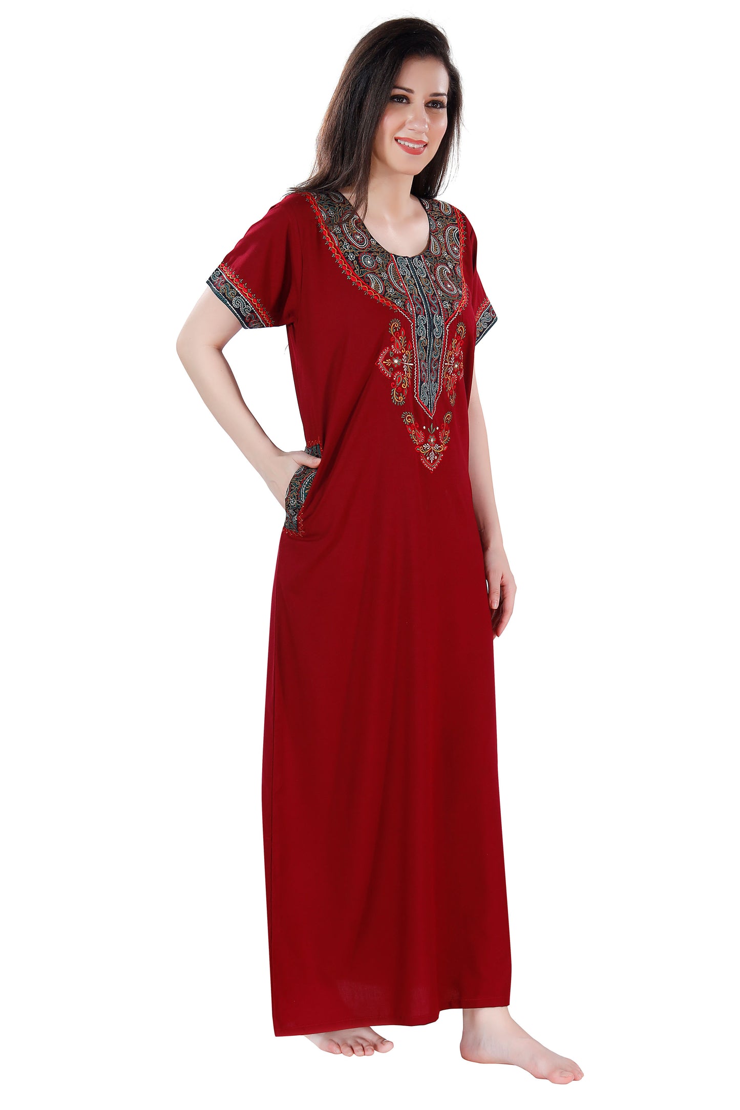 Dream Women's Premium Embroidery Nighty with Double Side Pockets