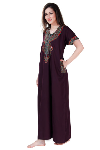 Dream Women's Premium Embroidery Nighty with Double Side Pockets