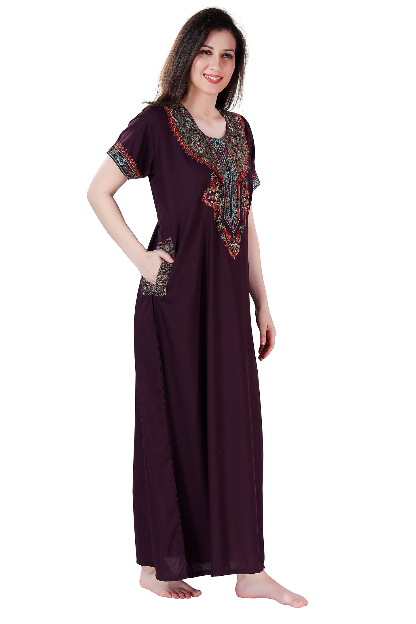 Dream Women's Premium Embroidery Nighty with Double Side Pockets
