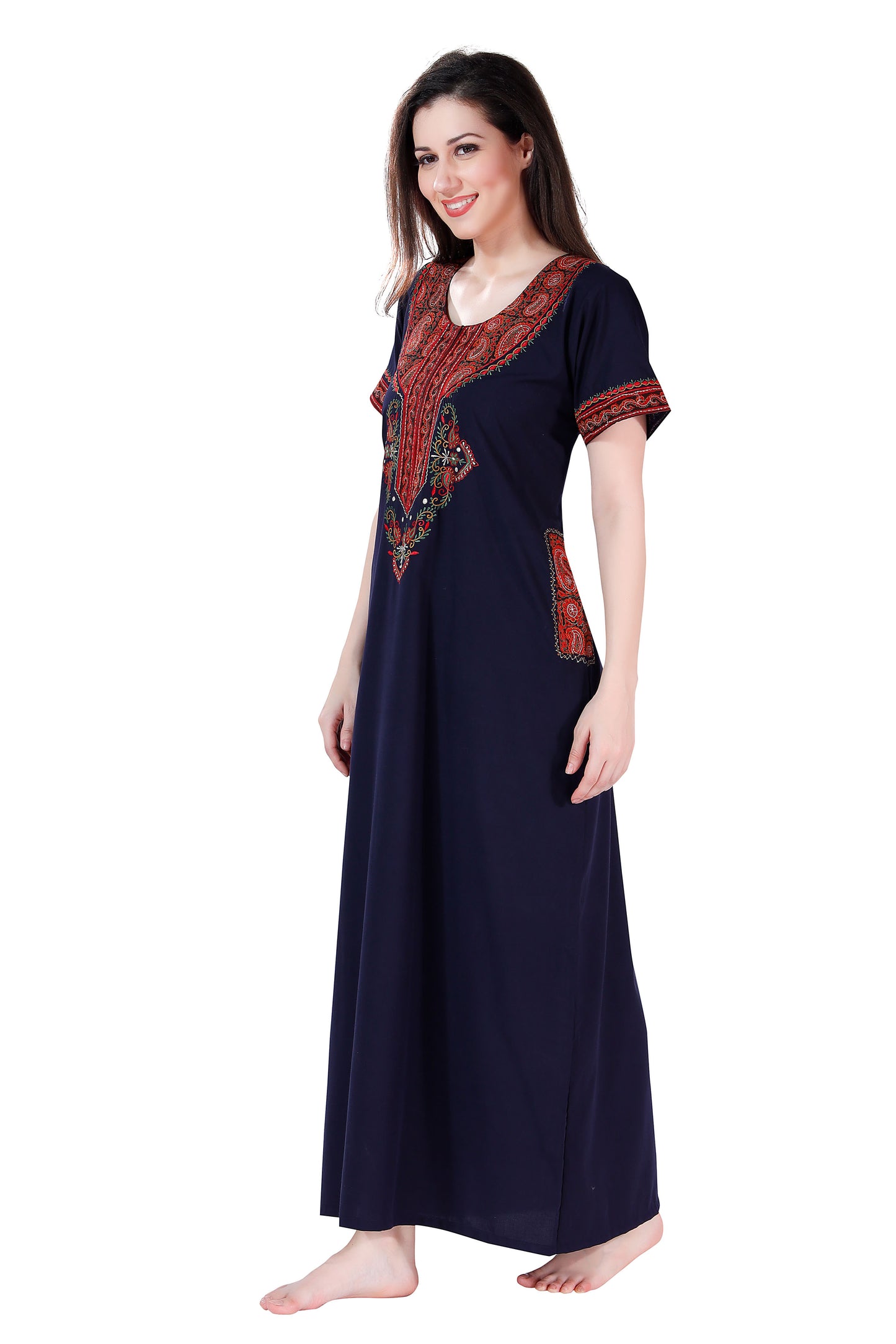 Dream Women's Premium Embroidery Nighty with Double Side Pockets