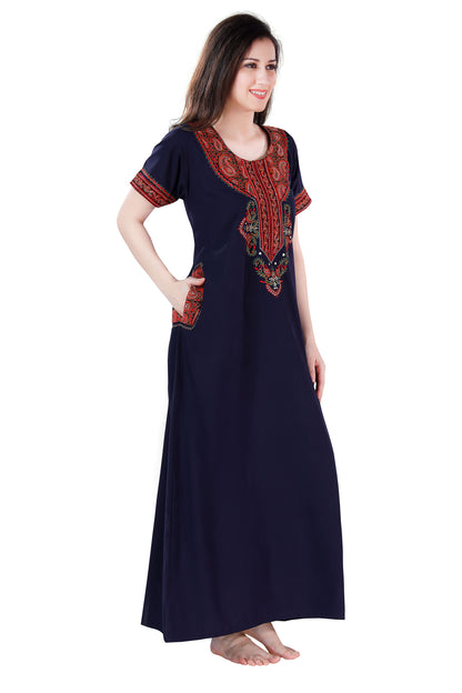 Dream Women's Premium Embroidery Nighty with Double Side Pockets