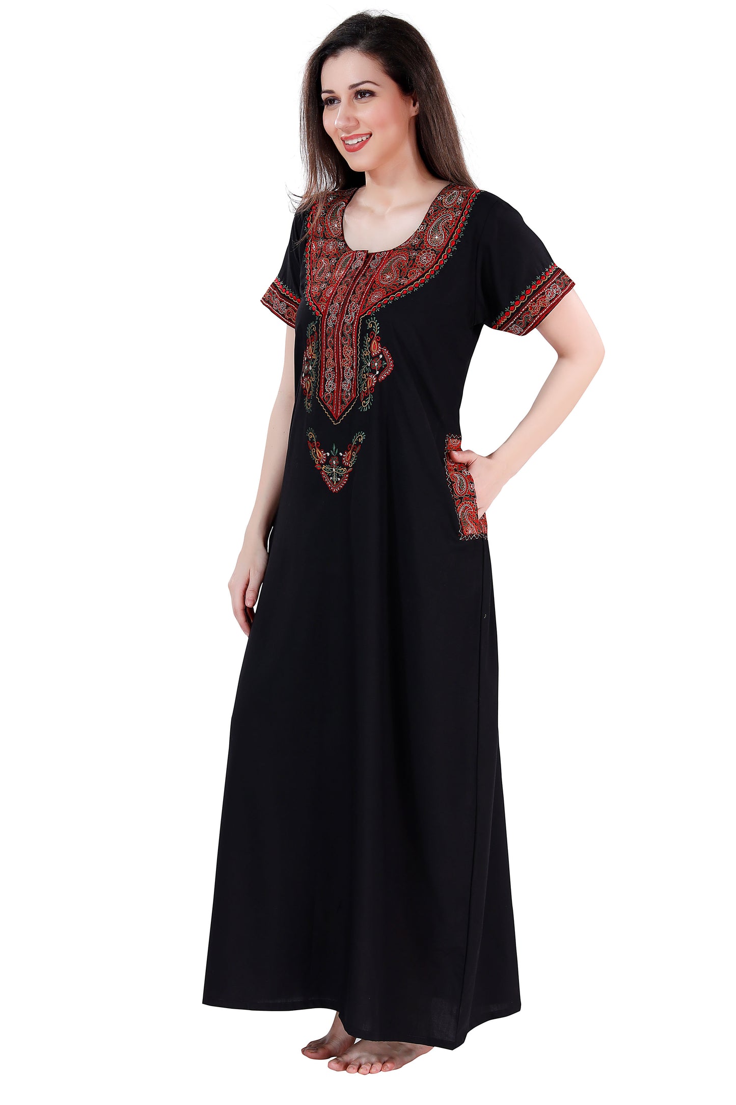Dream Women's Premium Embroidery Nighty with Double Side Pockets