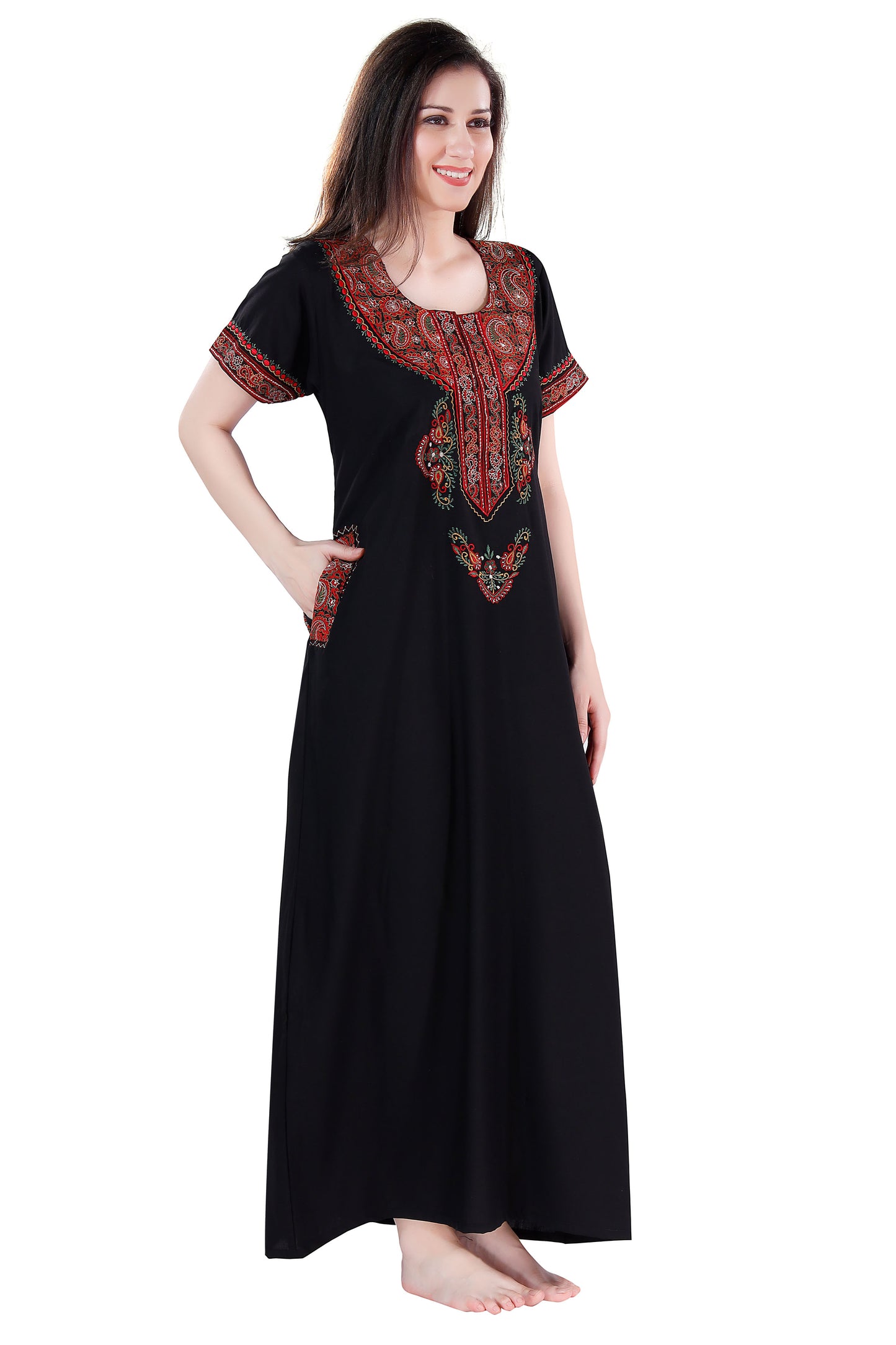 Dream Women's Premium Embroidery Nighty with Double Side Pockets