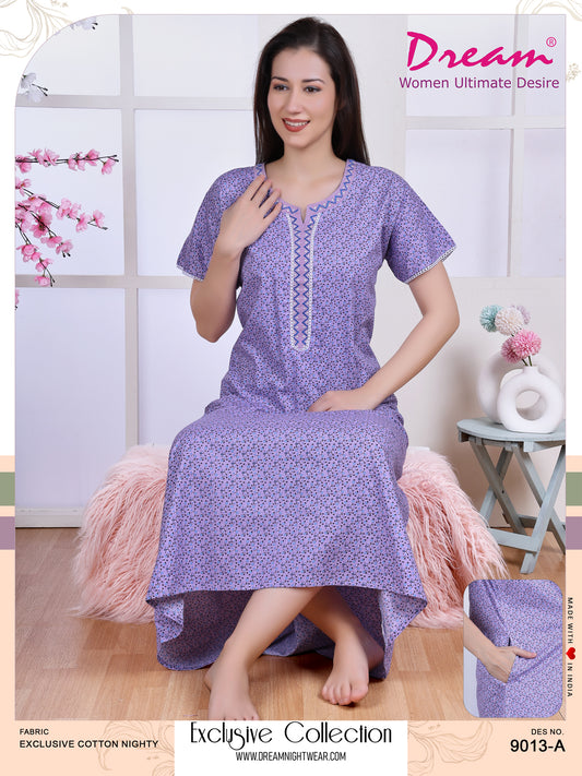 Women's Cotton Nighty With Short Sleeves, Embroidered Round Neckline