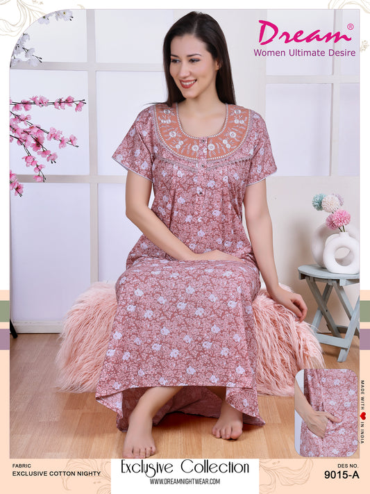 Women's Cotton Nighty With Short Sleeves, Embroidered Round Neckline, And Elegant Lace Accents