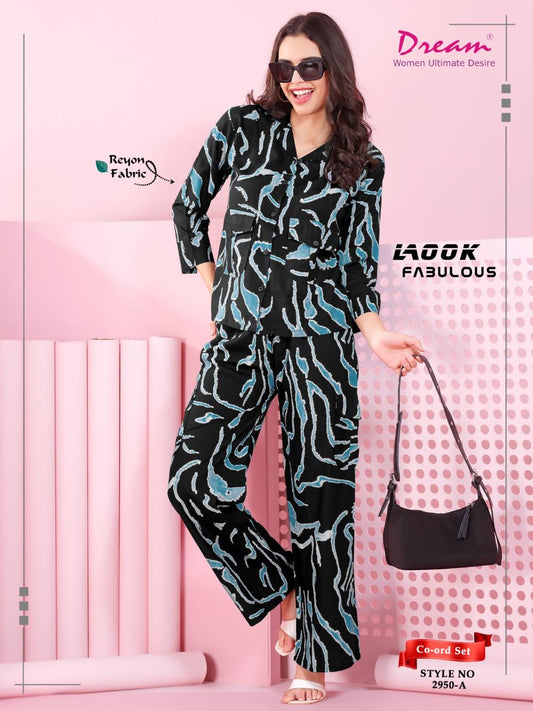 Premium Printed Rayon Long Sleeves Cord Set For Women