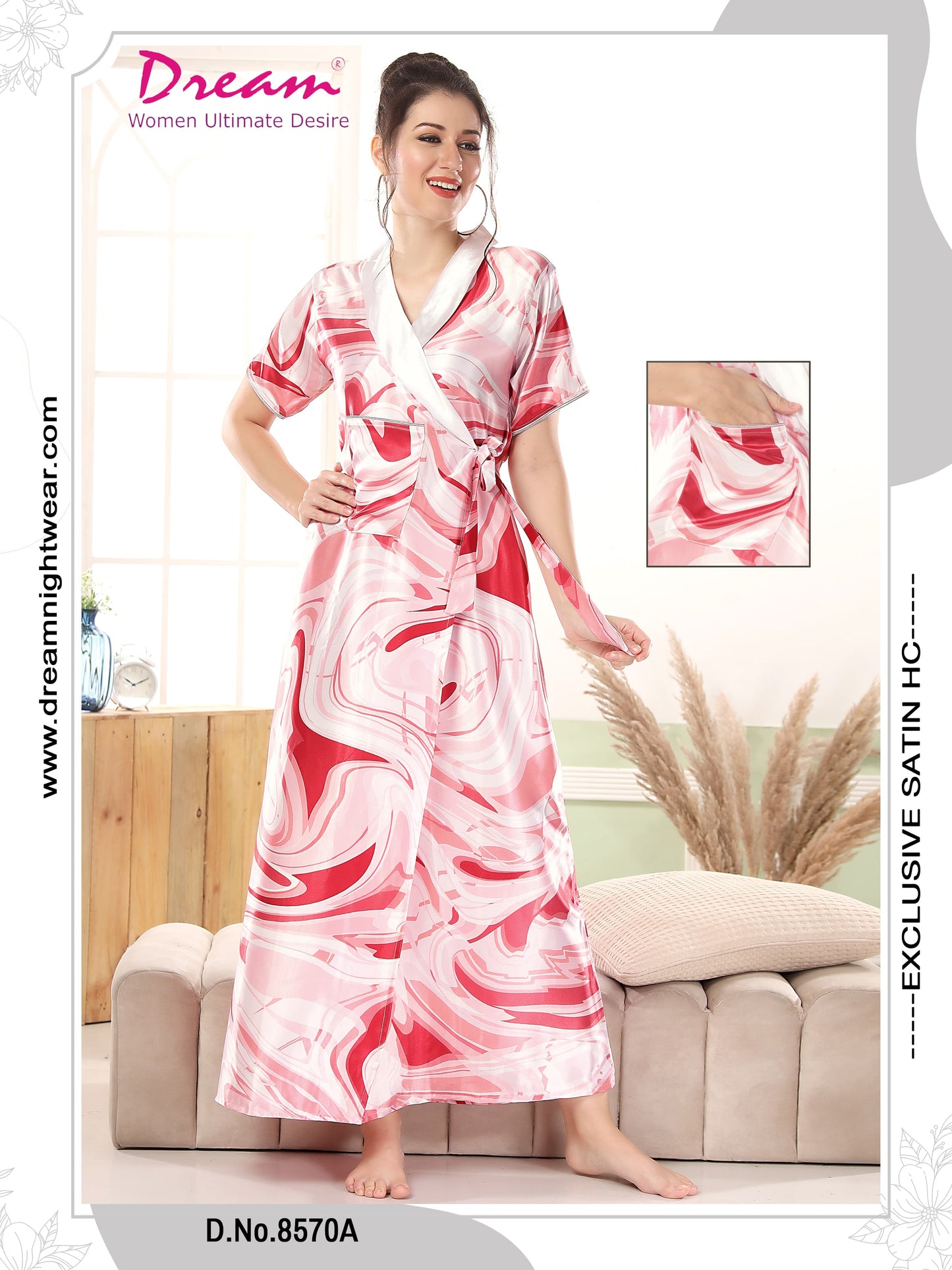 Women's Digital Print Satin Robe With Belt, Short Sleeves