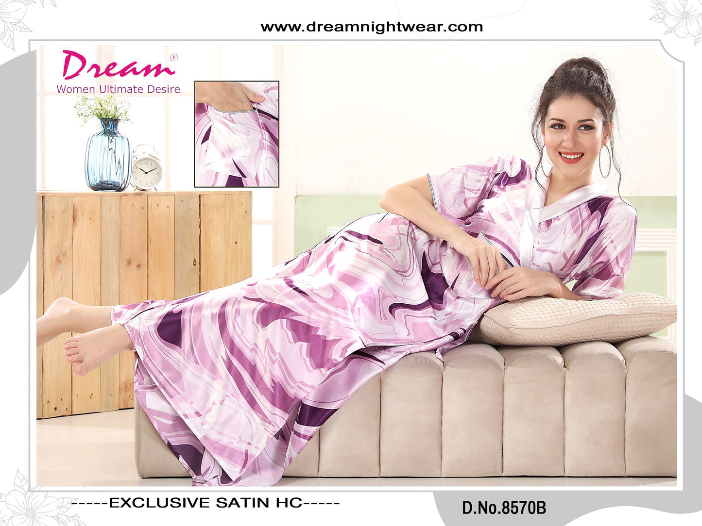 Women's Digital Print Satin Robe With Belt, Short Sleeves