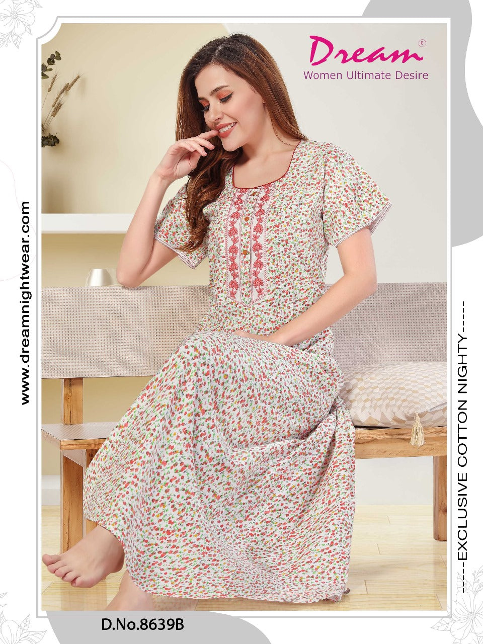 Floral Print Short Sleeve Round Neck Nightgown With Side Pocket