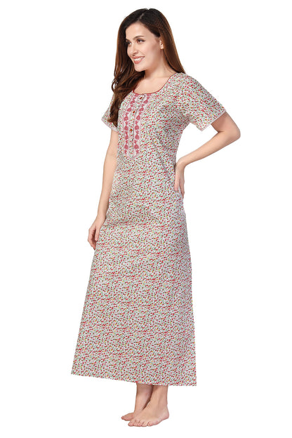 Floral Print Short Sleeve Round Neck Nightgown With Side Pocket