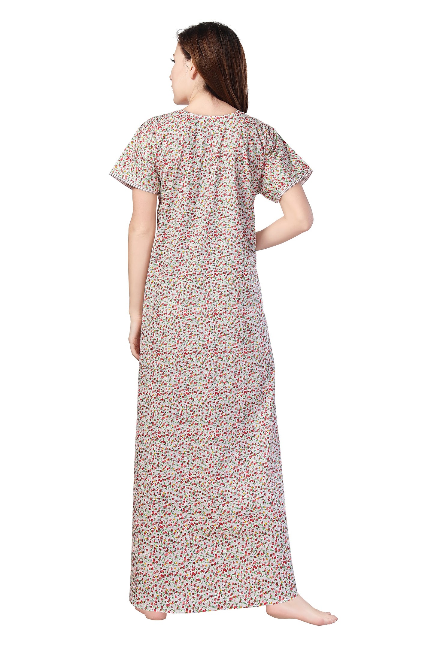 Floral Print Short Sleeve Round Neck Nightgown With Side Pocket