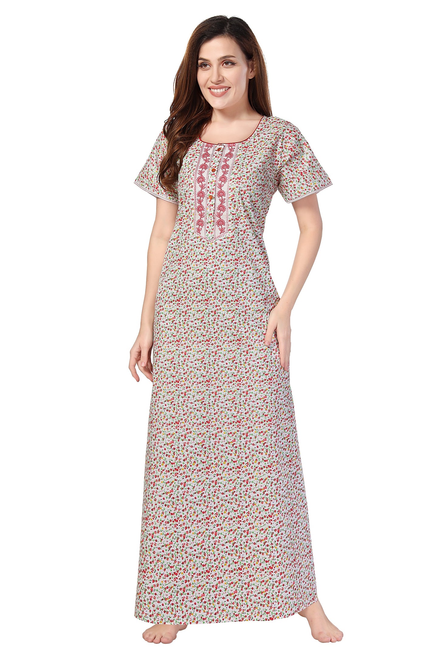 Floral Print Short Sleeve Round Neck Nightgown With Side Pocket