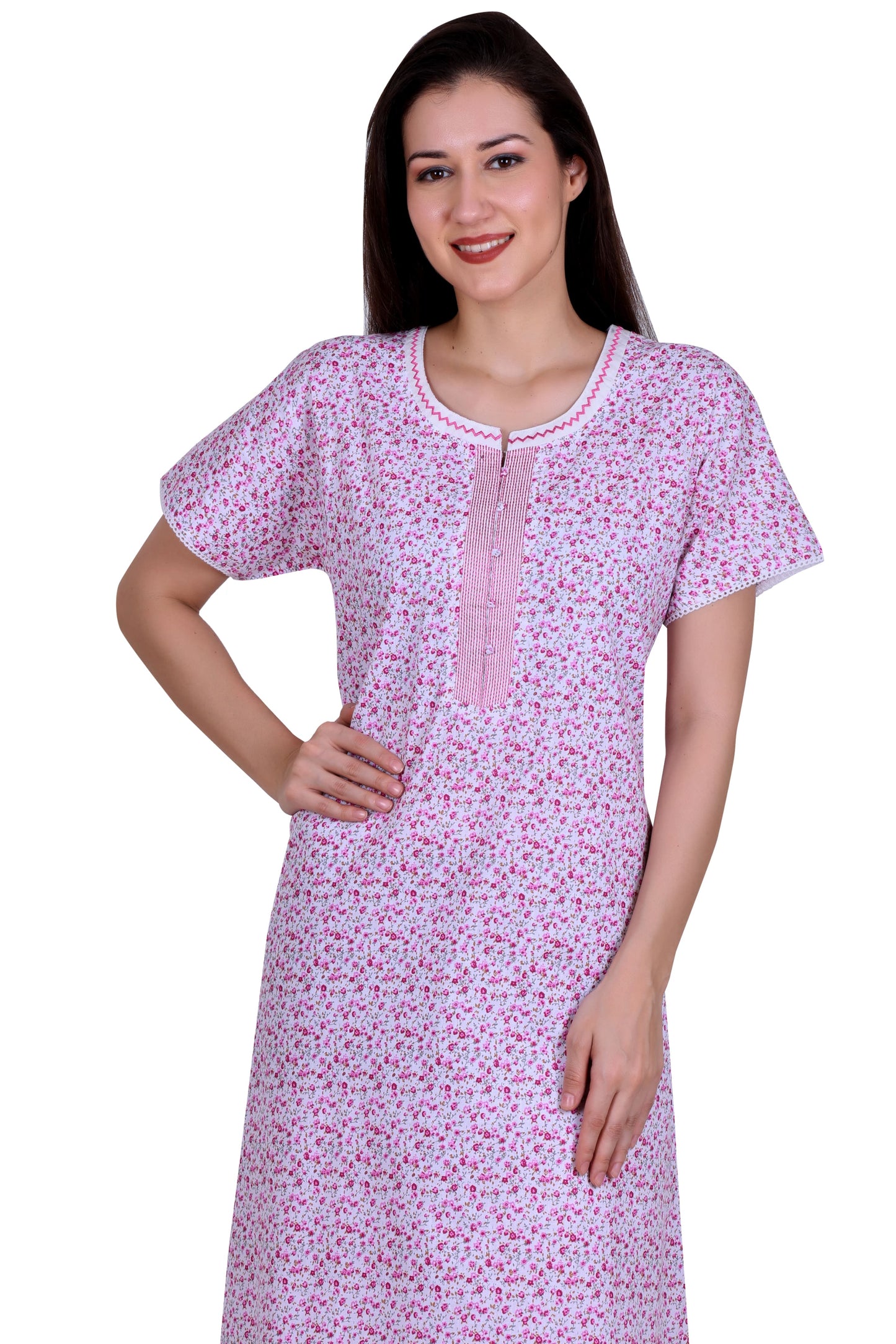 Floral Printed Cotton Long Nighty With Neck Embroidery And Side Pocket