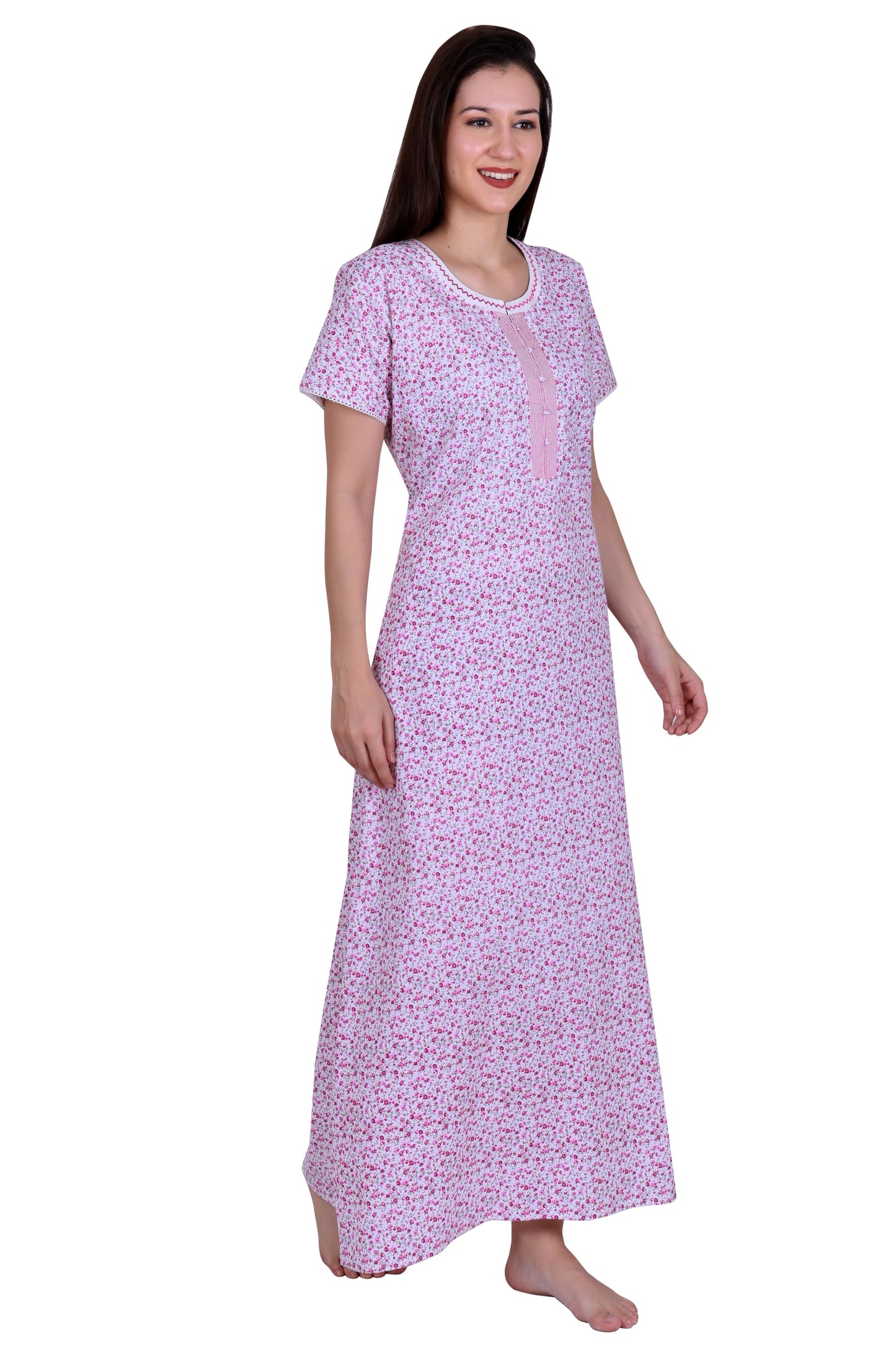 Floral Printed Cotton Long Nighty With Neck Embroidery And Side Pocket