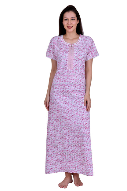 Floral Printed Cotton Long Nighty With Neck Embroidery And Side Pocket