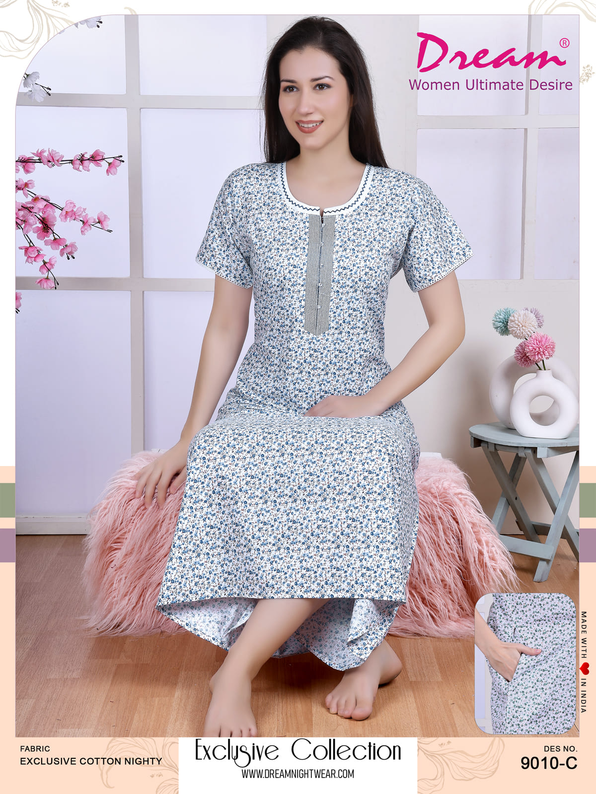 Floral Printed Cotton Long Nighty With Neck Embroidery And Side Pocket