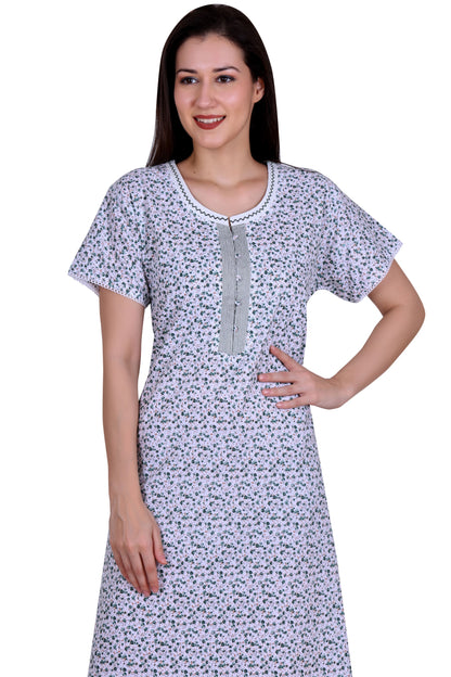 Floral Printed Cotton Long Nighty With Neck Embroidery And Side Pocket