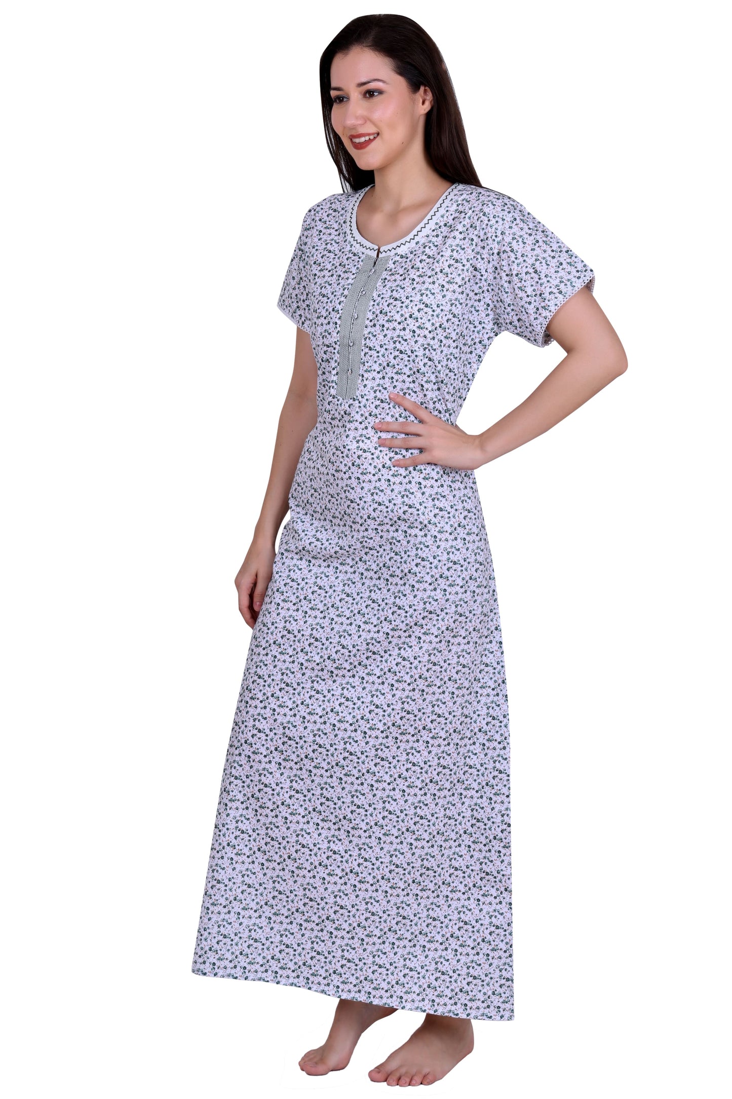 Floral Printed Cotton Long Nighty With Neck Embroidery And Side Pocket