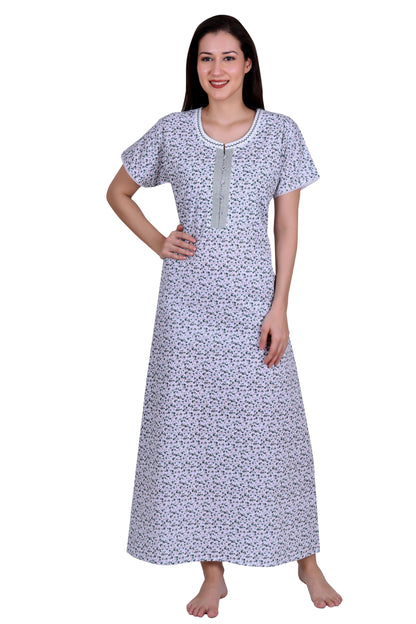 Floral Printed Cotton Long Nighty With Neck Embroidery And Side Pocket