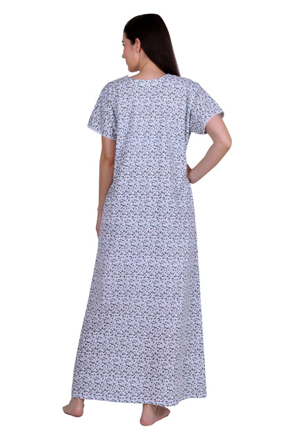 Floral Printed Cotton Long Nighty With Neck Embroidery And Side Pocket