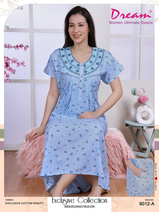 Floral Printed Cotton Long Nighty With Neck Embroidery And Side Pocket