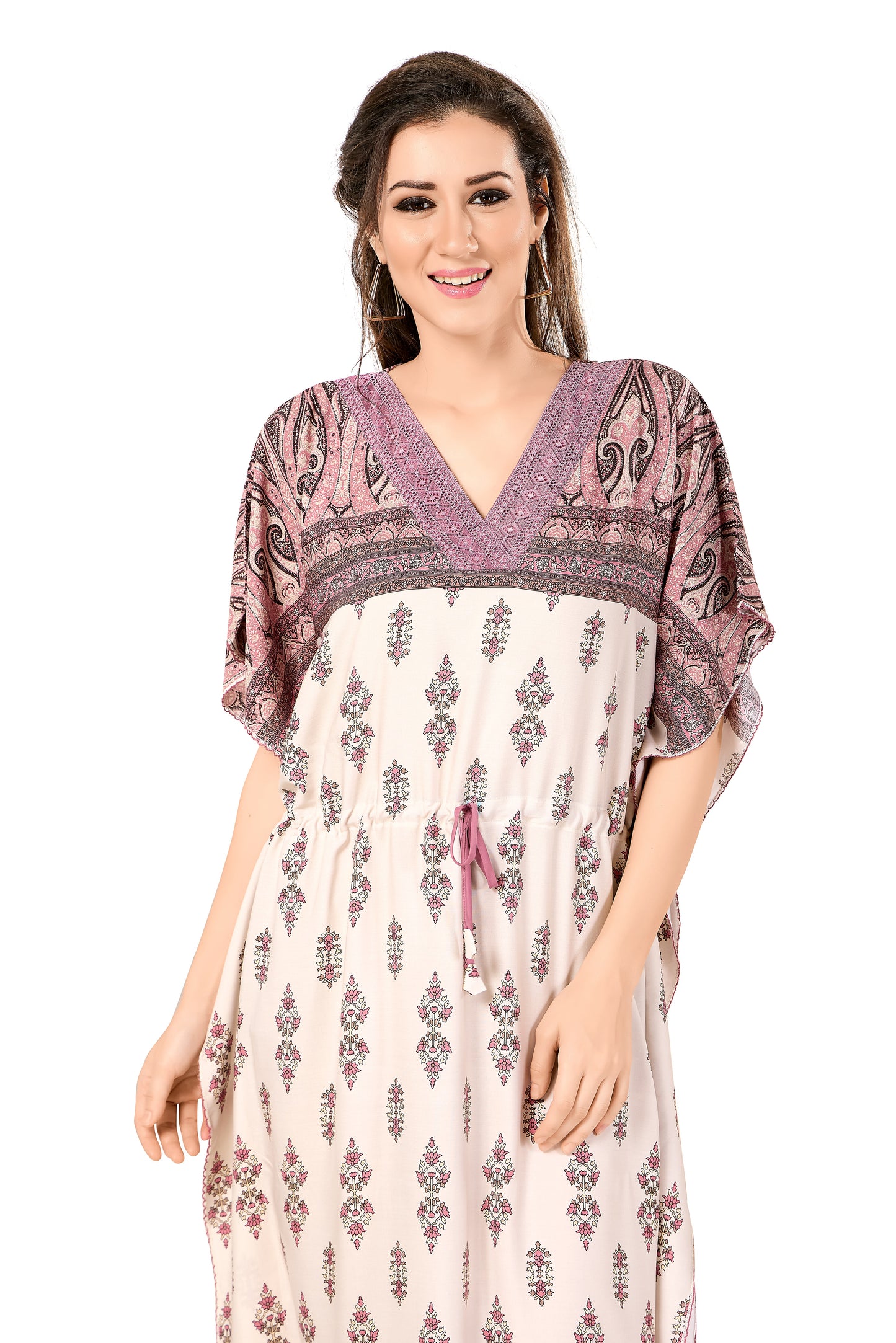 Floral Print Short Sleeve V Neck Rayon Kaftan