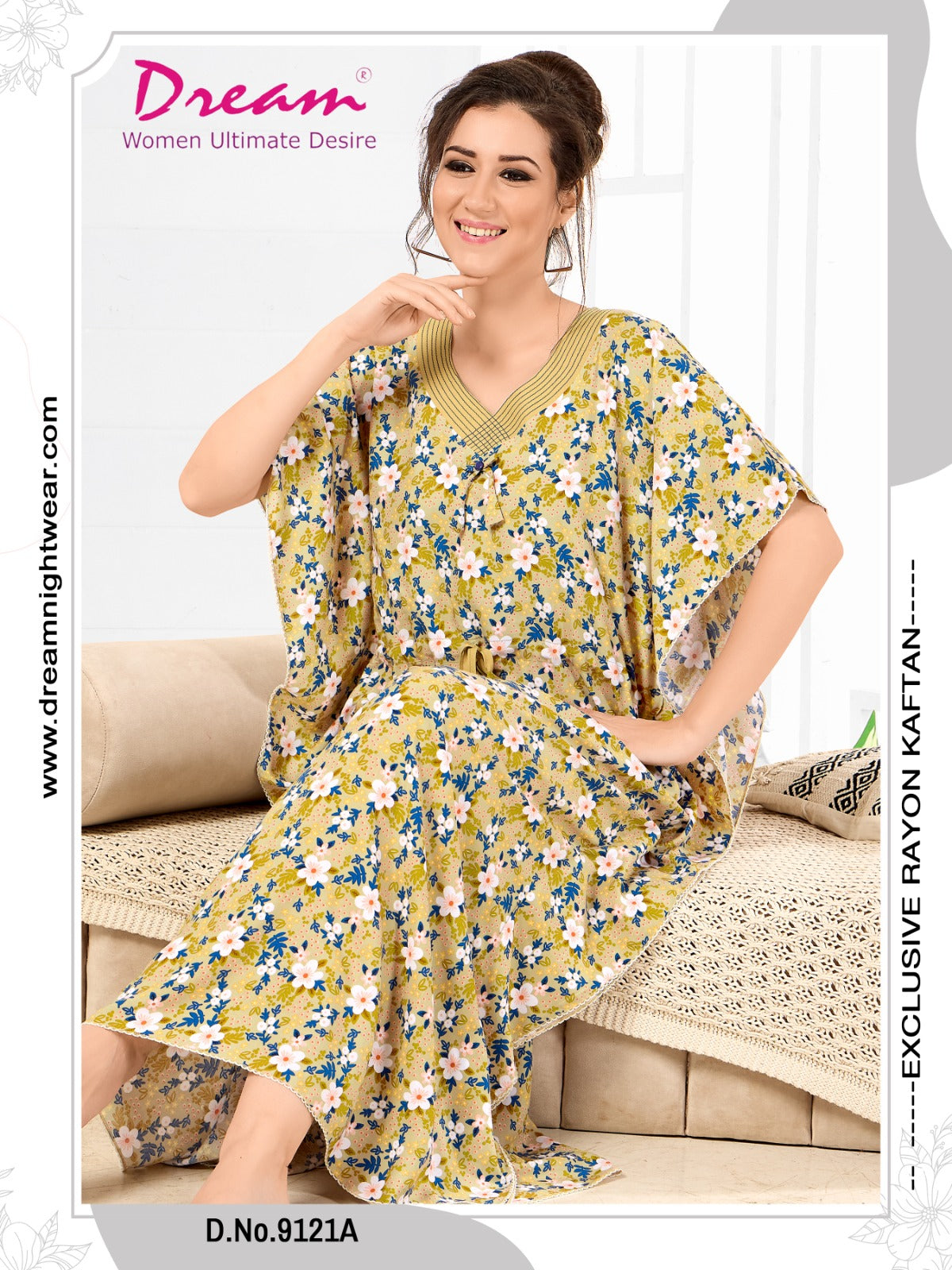 Floral Print Short Sleeve V Neck Rayon Kaftan