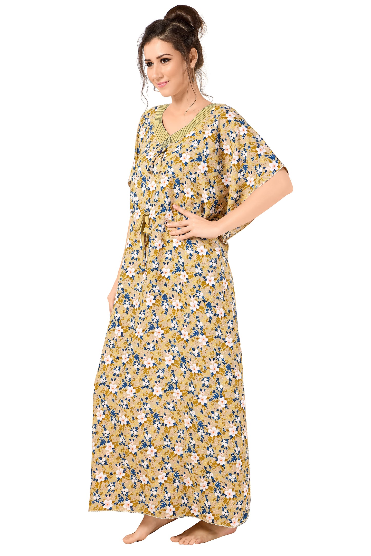 Floral Print Short Sleeve V Neck Rayon Kaftan