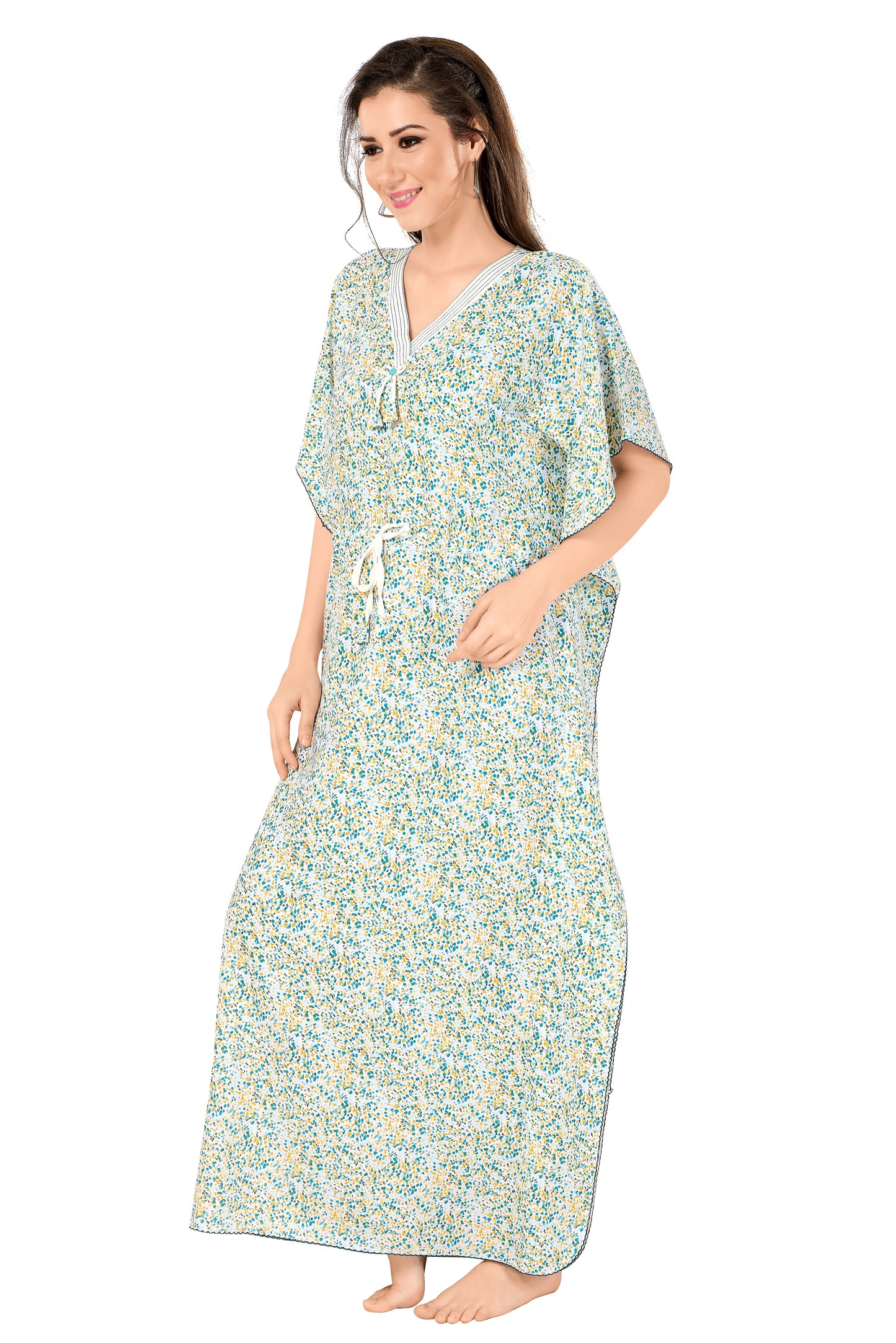 Dotted Print Short Sleeve V Neck Rayon Kaftan