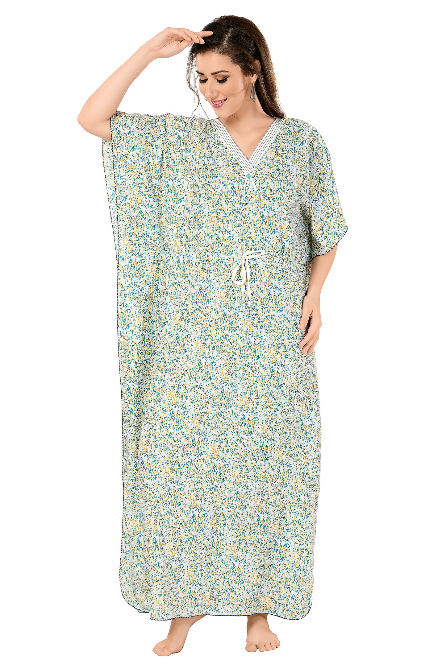 Dotted Print Short Sleeve V Neck Rayon Kaftan