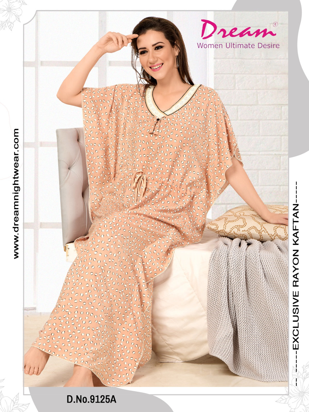 Dotted Print Short Sleeve U Neck Rayon Kaftan