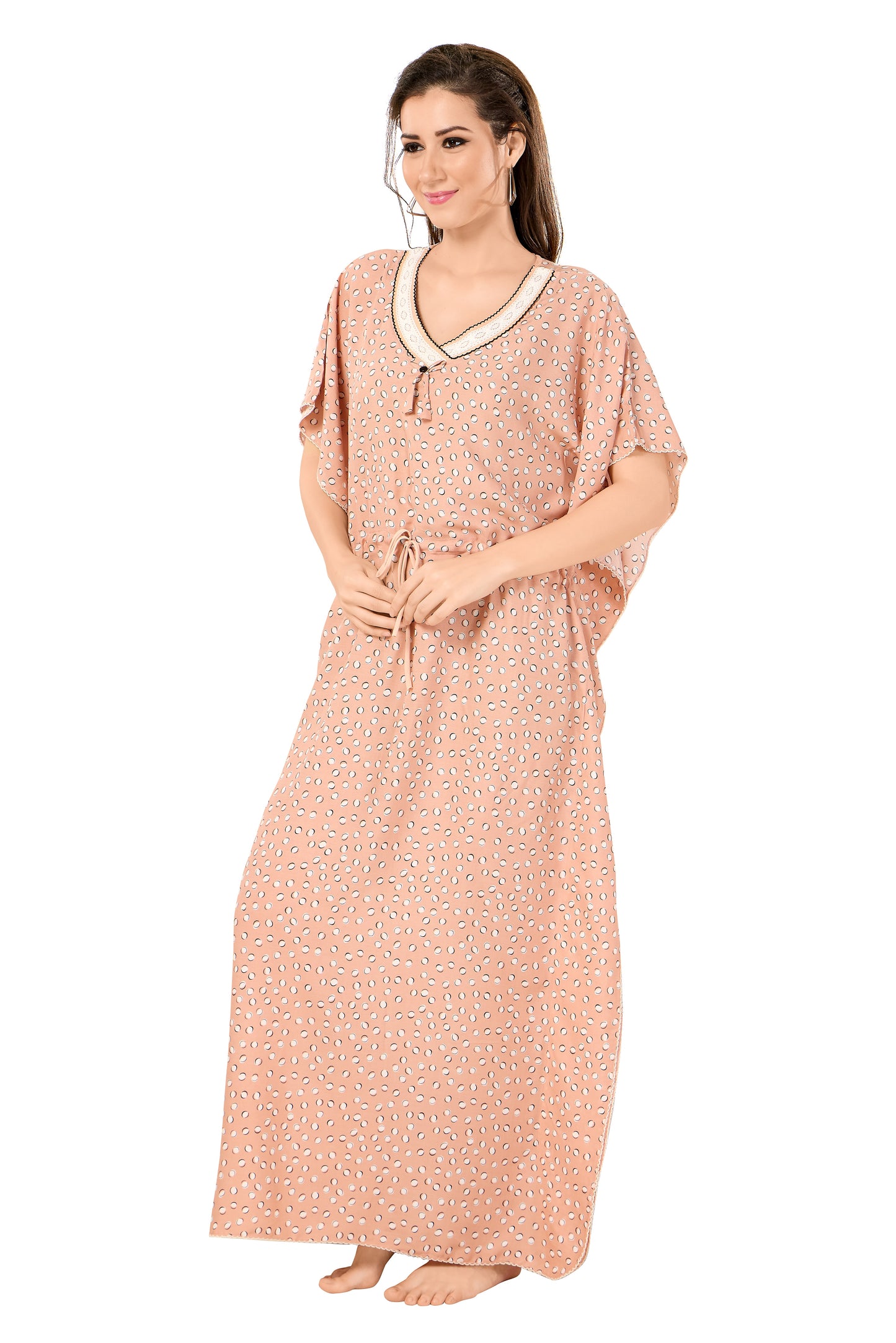 Dotted Print Short Sleeve U Neck Rayon Kaftan