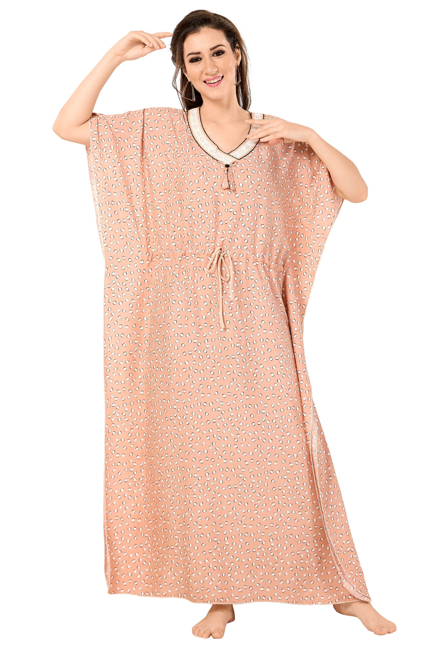 Dotted Print Short Sleeve U Neck Rayon Kaftan