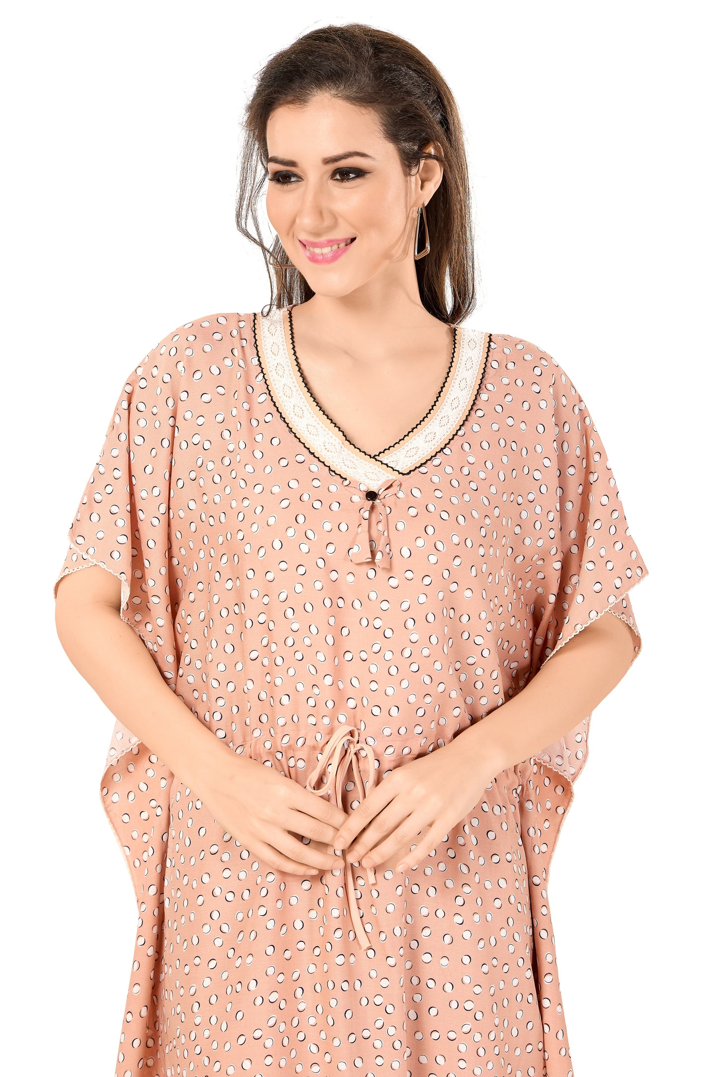 Dotted Print Short Sleeve U Neck Rayon Kaftan