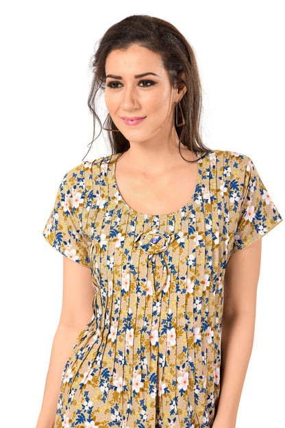 Floral Print Short Sleeve Round Neck Rayon Nighty With Side Pocket