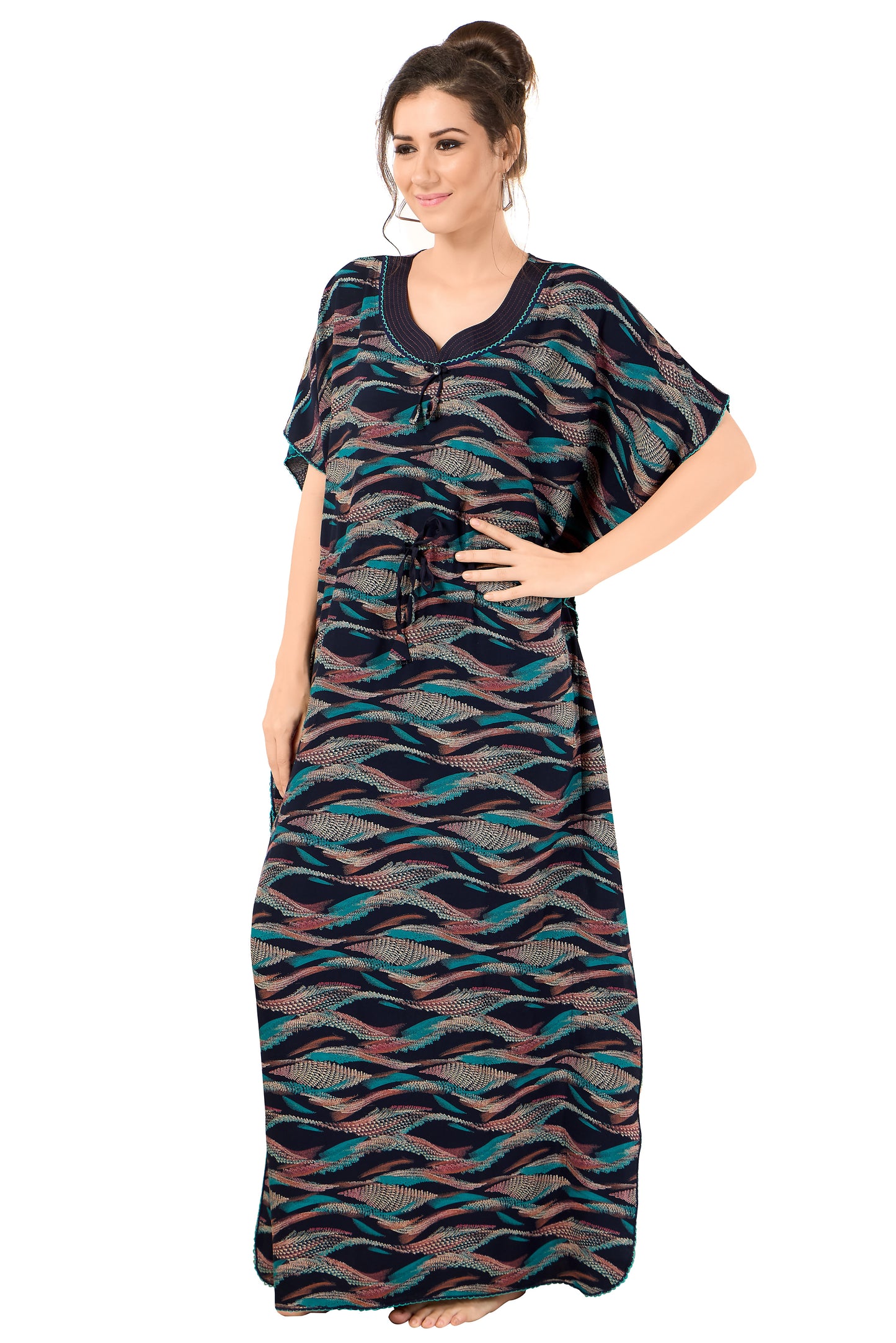 Printed Short Sleeve U Neck Rayon Kaftan