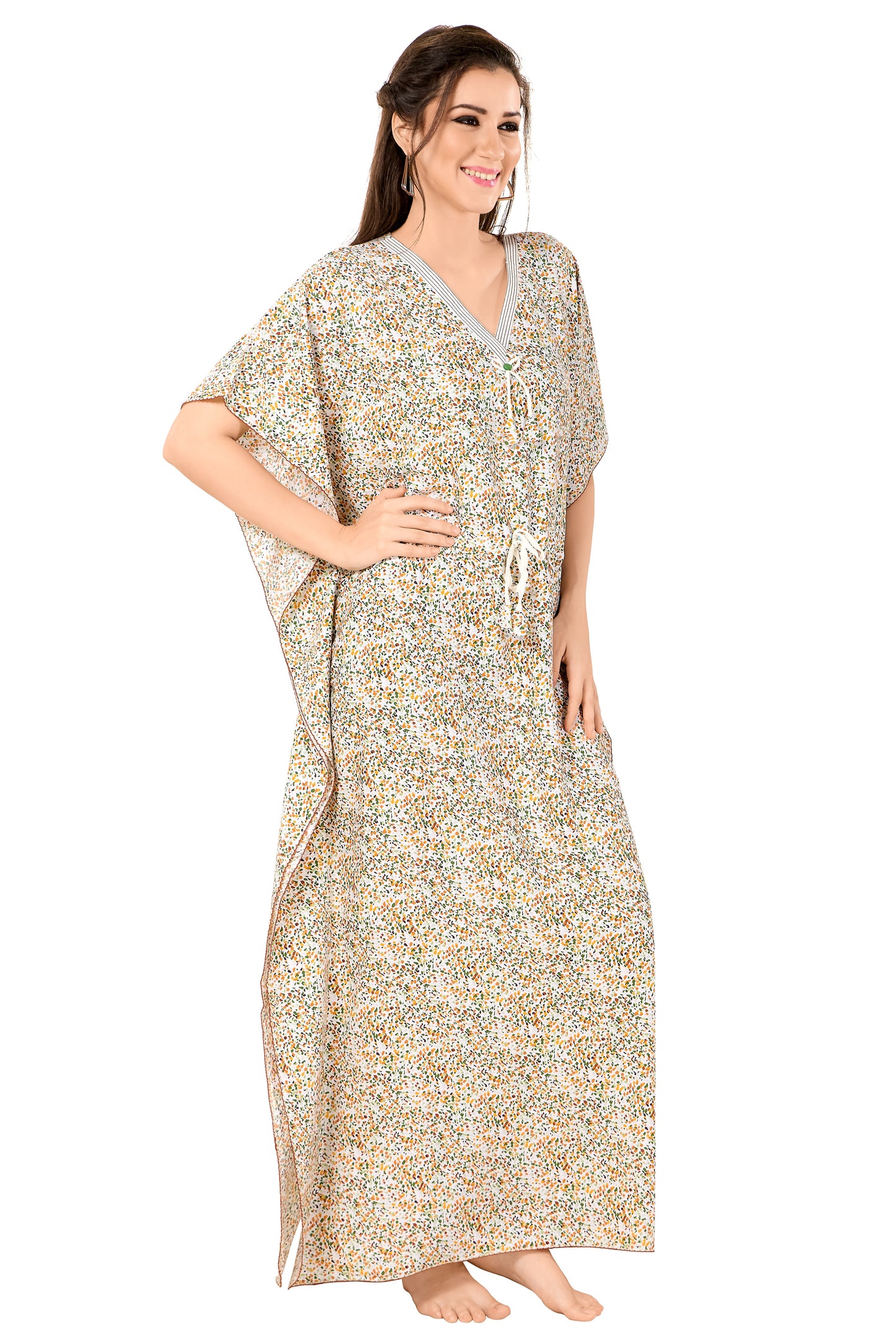 Dotted Print Short Sleeve V Neck Rayon Kaftan