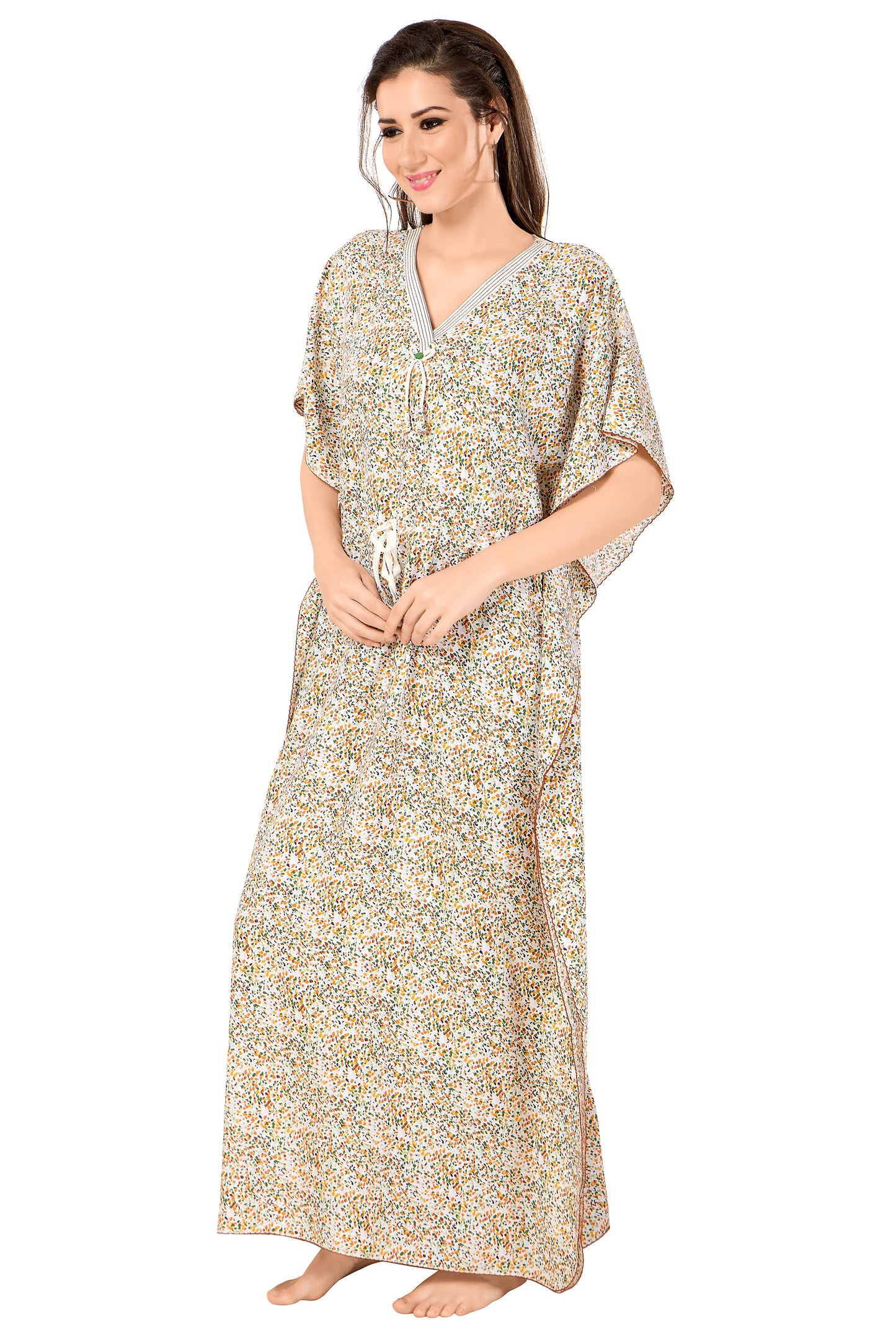 Dotted Print Short Sleeve V Neck Rayon Kaftan