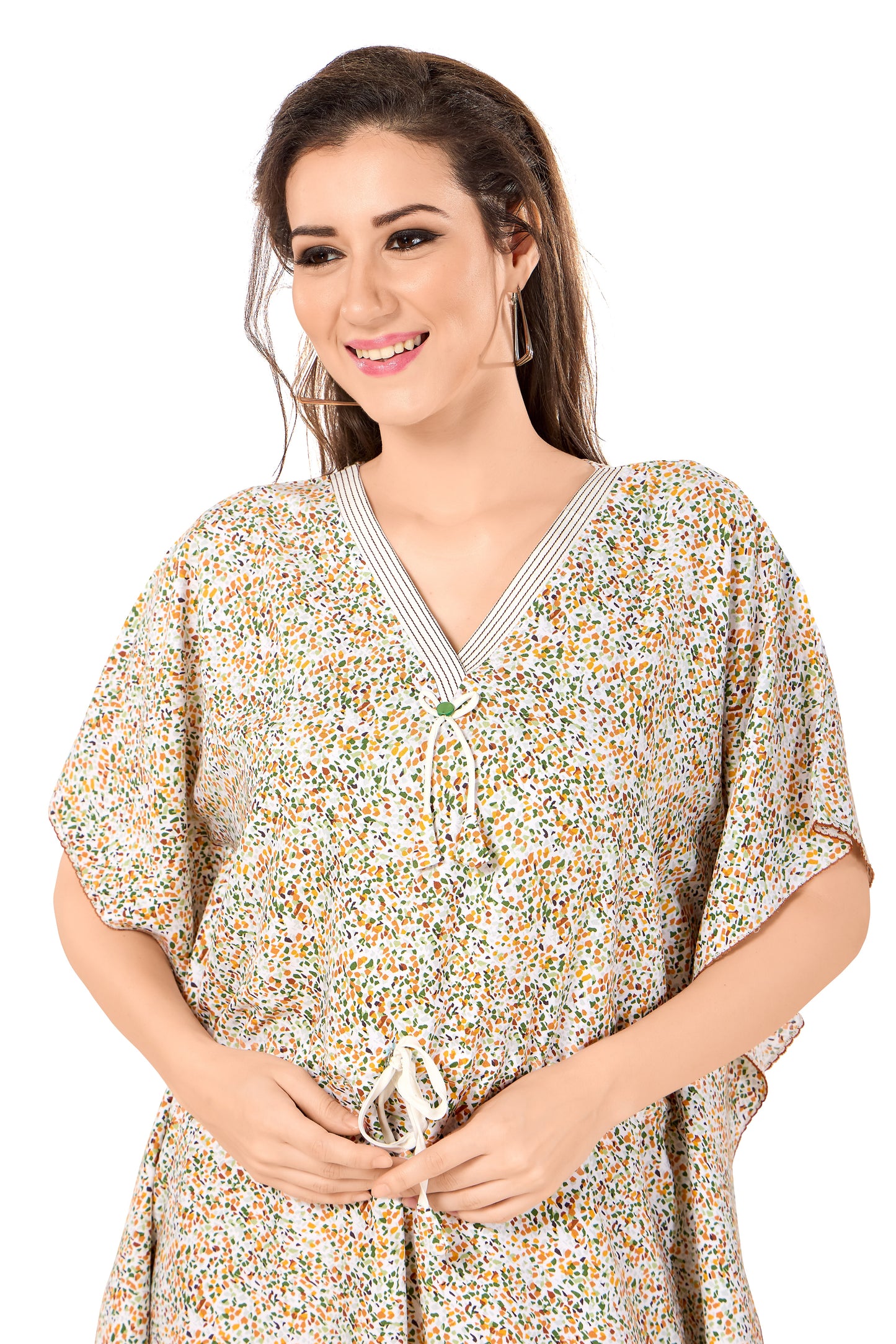 Dotted Print Short Sleeve V Neck Rayon Kaftan