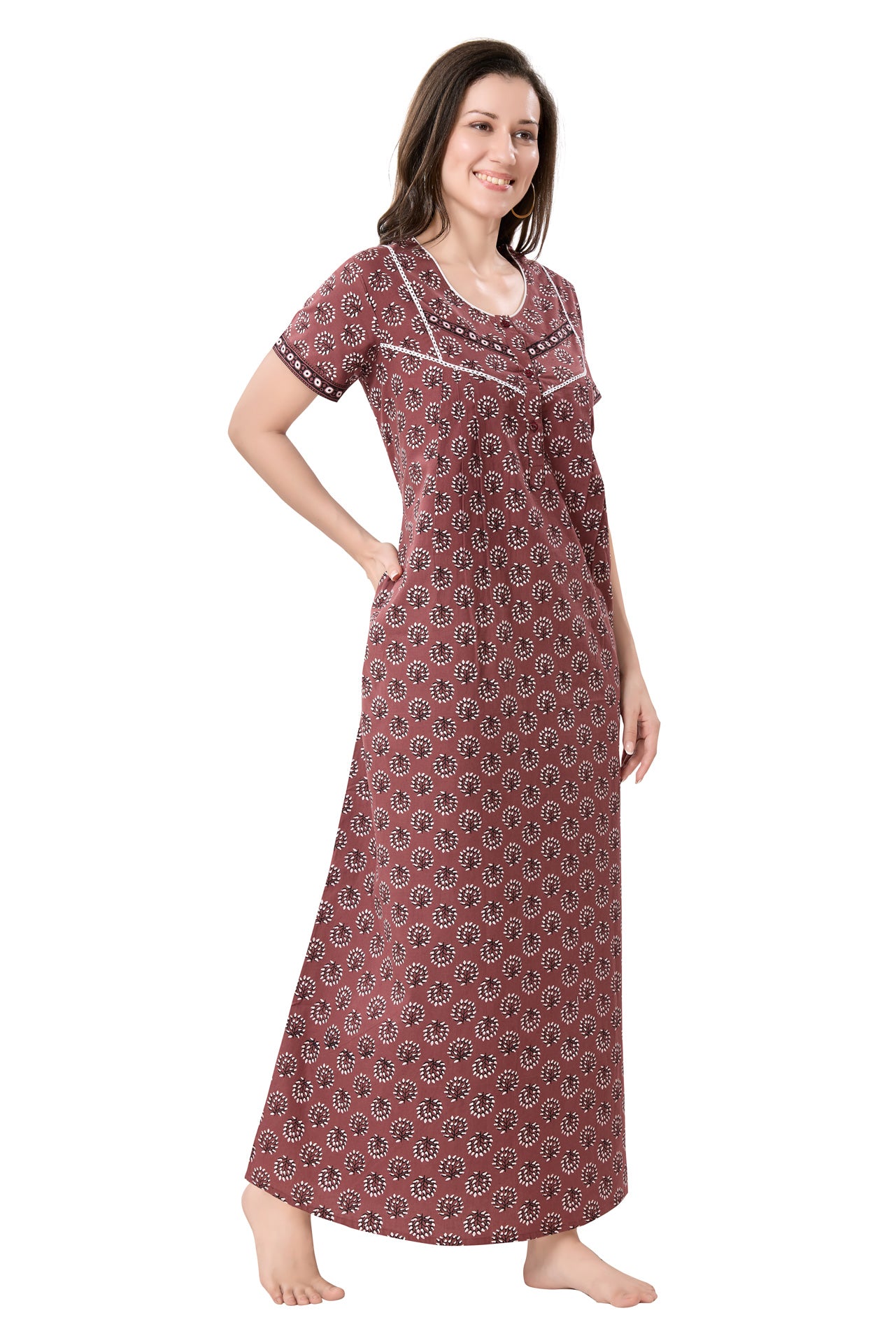 Women's Jaipuri Cotton Nighty With Side Pocket